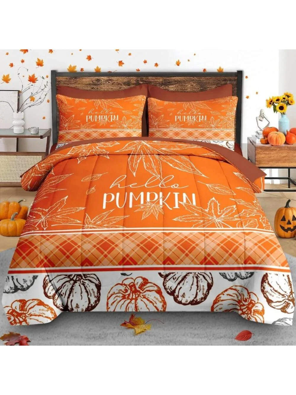 Cozy 7-Piece Queen Fall Comforter Set with Sheets - Orange Bedding for Autumn